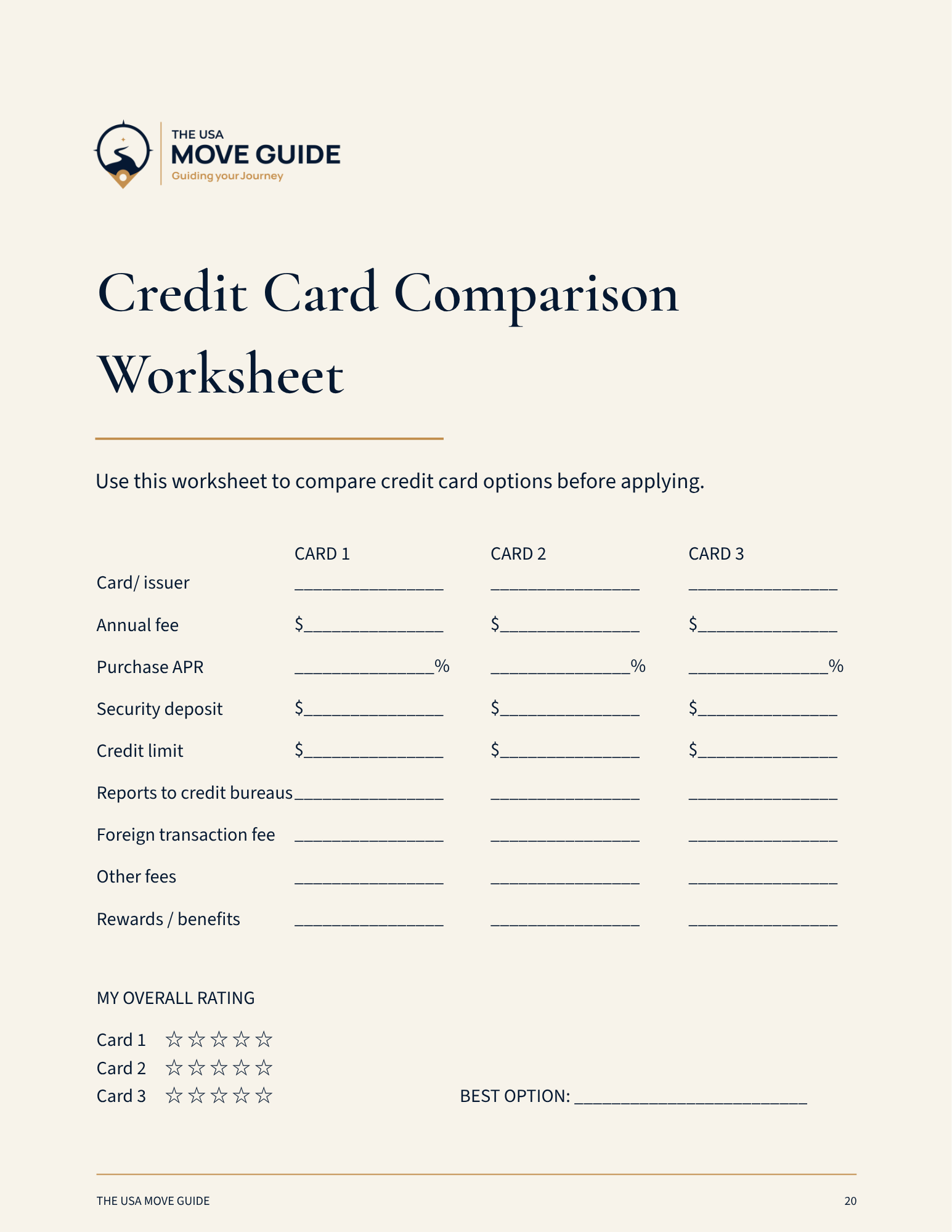 Credit Card Comparison Worksheet
